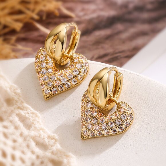 3/$35 18K Gold Plated Copper Heart Drop Dangle Earrings Cubic Zirconia - Picture 6 of 7